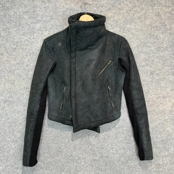 Veda 100% Shearling Leather Fur Moto Jacket Womens Small Motorcycle Designer Zip - Picture 5 of 16